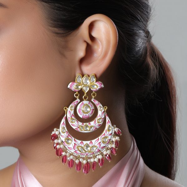 Dark Pink Color Kundan Pearl Studded Chandbali Earrings | FashionCrab.com |  Pearl studs, Pink jewelry, Chandbali earrings