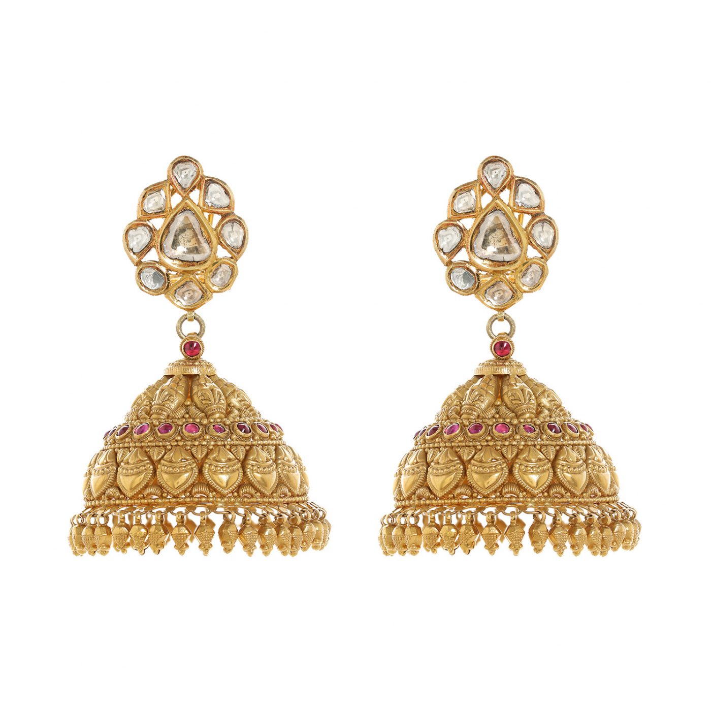 Peacock Earrings 22k Gold Uncut Diamond Polki GF Ruby Pearls