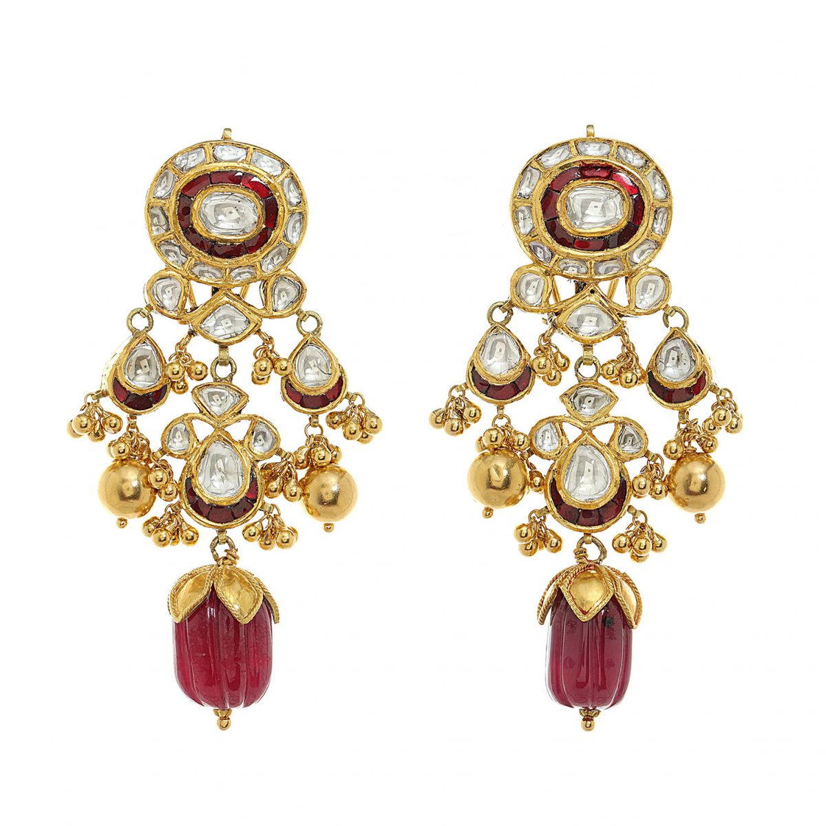 Polki And Carved Ruby Drop Jadau Chandelier Earrings - Jaipur Jewels